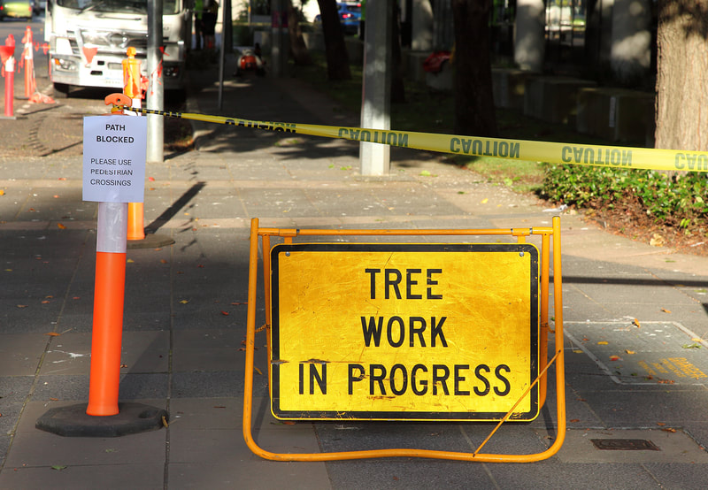Tree work in progress signage, maintaining safety while at work. Tree pruning